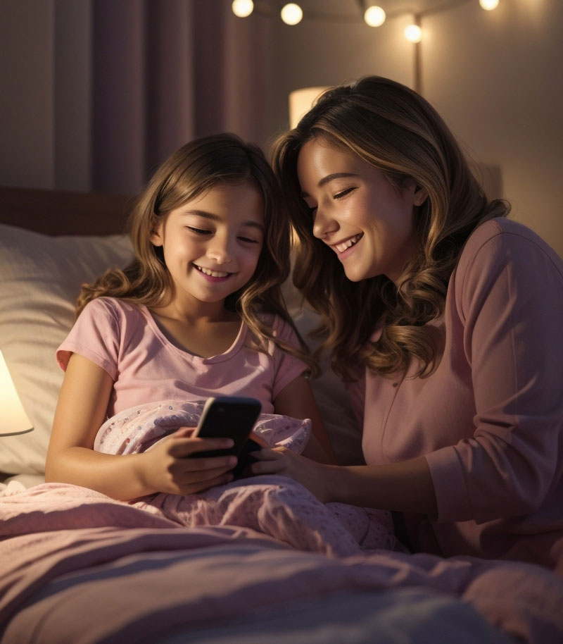 Mother and daughter using the Instill app at bedtime
